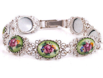 Finift Bracelet Hand Painted in Russia Green and Flowers 7" Copper Silver Plated