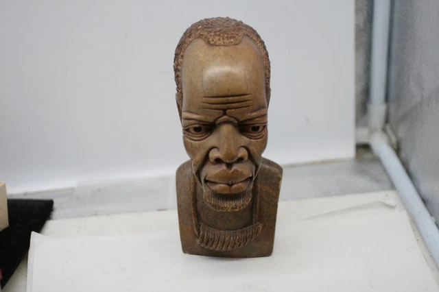 Hand Carved African Etched Soapstone Male Sculpture Bust N. KUOZUMGA GA