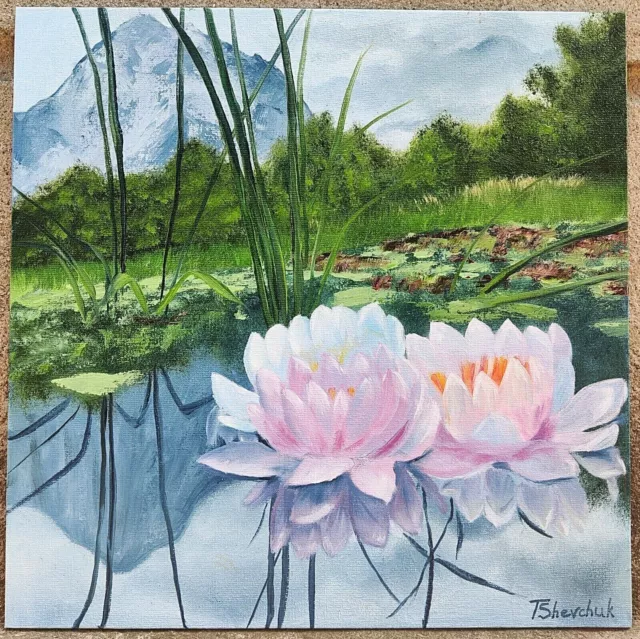 Original Oil Painting Lilies Pond Flowers Lotus Hand Painted Art Landscape 12x12