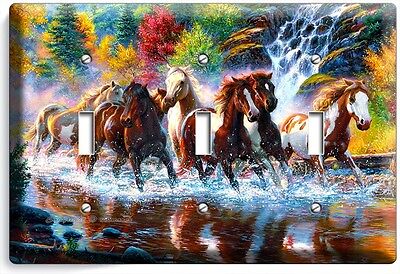 Wild Running Horses Forest Waterfall River Triple Light Switch Wall Plate Cover