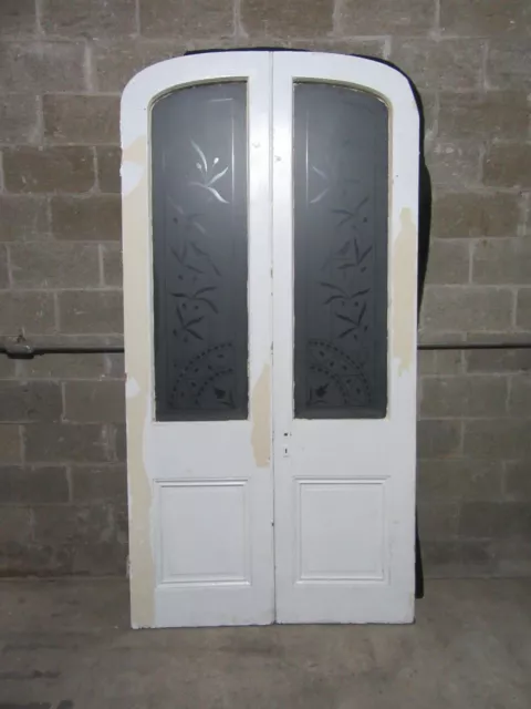 ~ Antique Double Entrance French Doors With Wheel Cut Etched Glass ~ 48 X 94.5