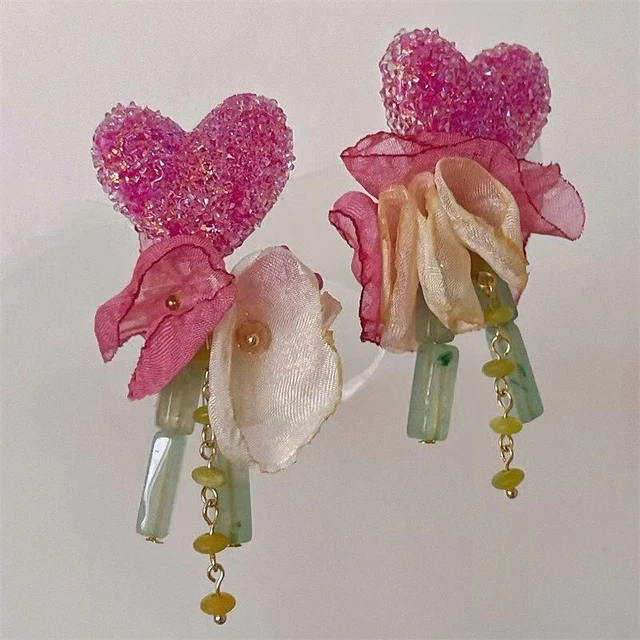 Handmade cloth craft flower earrings Retro drop earrings