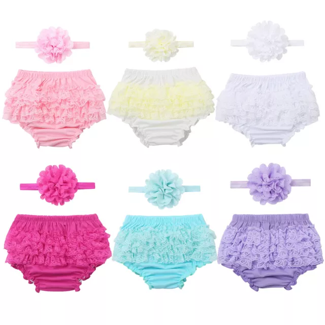 Bébé Fille Culotte Bloomers Short Coton Dentelle avec Bandeau pour Baptême Fête