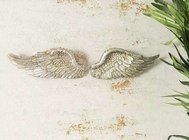 Pair of Silver Angel Wings Ornate Vintage Shabby Chic Wall Art Home Garden Decor