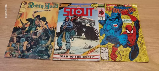 Comic Books (3) Spiderman 1991, Scout 1986, Robin Hood 1991 shows some wear Good