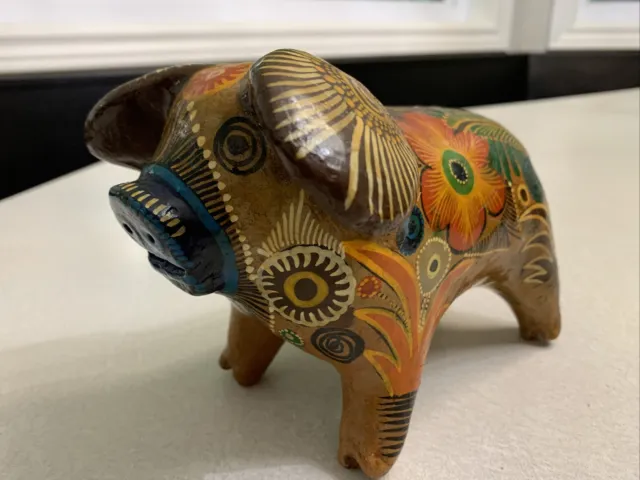 Vintage Piggy Bank Pig Handmade Hand Painted Clay Tlaquepaque Mexico Floral