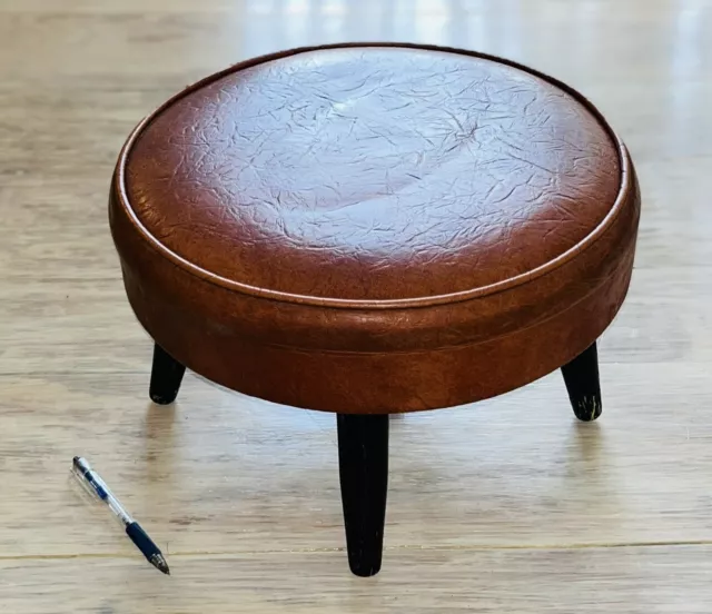 Vintage RETRO Round Vinyl Ottoman Brown Foot Stool Tapered Wooden Legs MCM Vtg