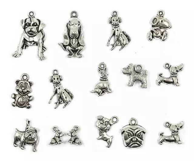 15pcs Assortiment De Breloques De Chien En Alliage D'argent Antique Vintage Pour