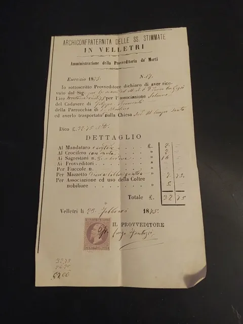 1875 Velletri Ricevuta Versamento Archiconfraternita Ss Stimmate Curiosita'