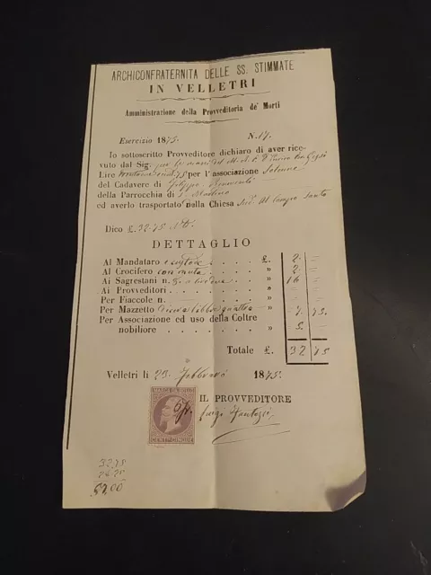 1875 Velletri Ricevuta Versamento Archiconfraternita Ss Stimmate Curiosita'