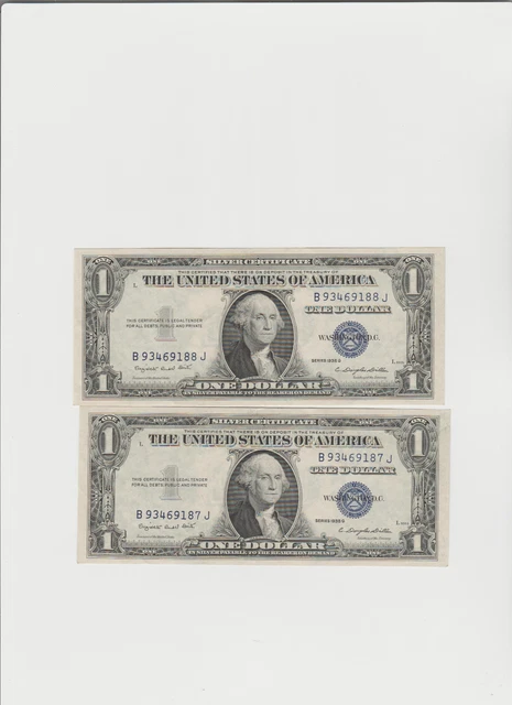 Lot of 2 - Consecutive Serial Number 1935-A $1 Silver Certificates