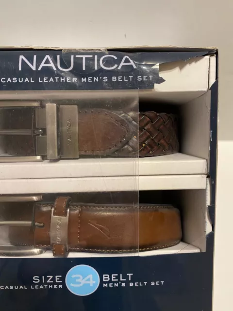 NEW Nautica Casual Leather Mens Belt 2 pack Set Size 34 Burnished Tan 2