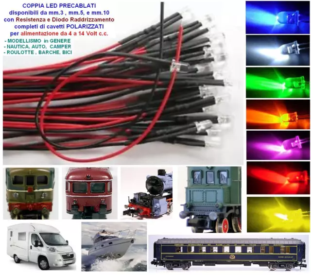 COPPIA n.2 LED CABLATI mm.5 COLORE BLU' a 12Vcc per TRENI ELETTRICI e MODELLISMO