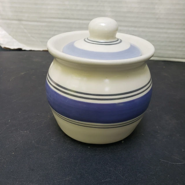 Vintage Pfaltzgraff Rio Sugar Bowl Jar Lid Classic Blue White Stripe Farmhouse