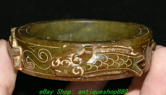 8.3CM Old Chinese Hetian Jade Carved Dragon Fish Bracelet Bangle Wristband