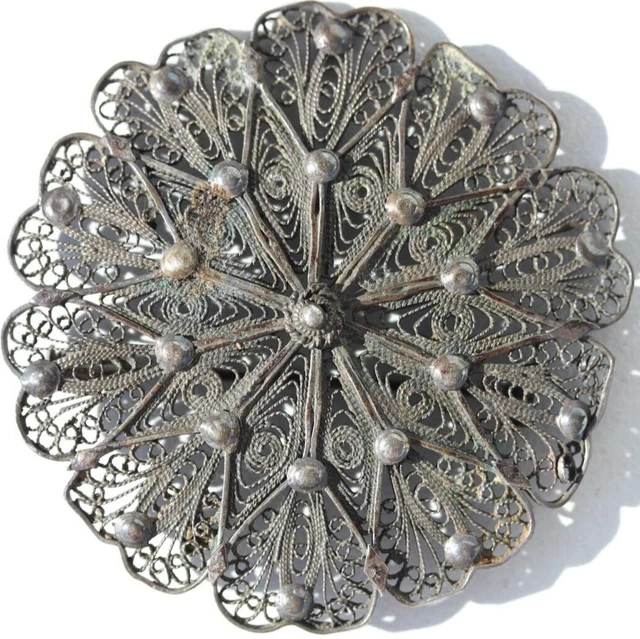 Broche Vintage Feuille En Argent Vermeil Filigrané - 13x15 Mm, Occasion, Argent 925, Pièce Unique