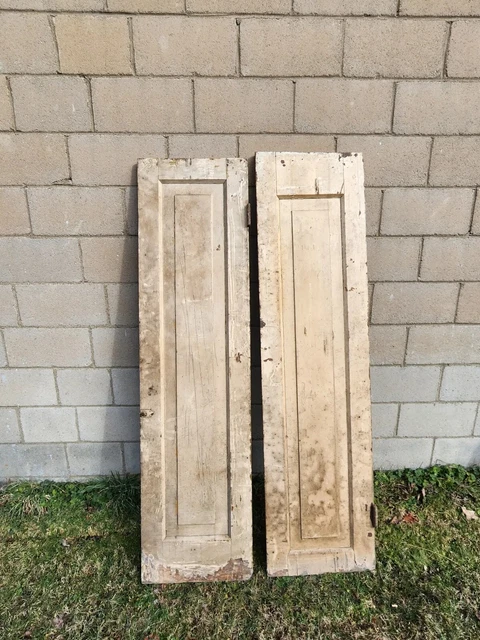 Pair Antique Narrow Shabby White Cupboard Door 18" W X 69" H Cabinet Chic