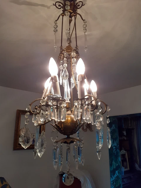 Lustre Ancien 3 Feux Avec Pampilles – Bronze Doré – Élégance Rétro