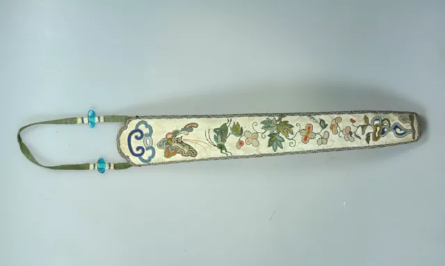 Antique Chinese China Qing Silk Embroidery Fan Case Cover Handicraft Gold 19C