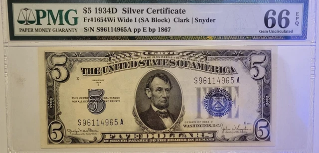 1934 D $5 Silver Certificate PMG 66 Gem Fr#1654Wi Uncirculated Rare