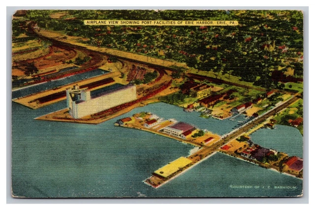 Erie PA Airplane View Port Facilities of Erie Harbor Linen Postcard Posted 1944