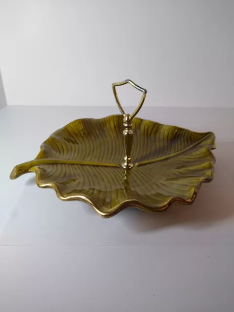 Green Leaf Shaped Tidbit Serving Handled Plate 9.5"x12" California Art Pottery