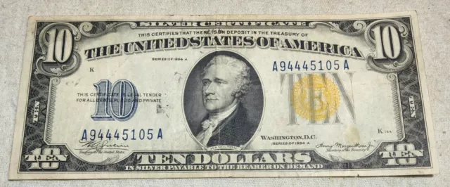 Wwii Era North Africa Yellow Seal Ten Dollar Bill ($10) Series 1934A Very Fine C