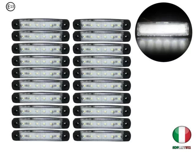 20 X Segnalatore Luce Ingombro Bianco 6 Led 12v Luce Anteriore Omologato E13