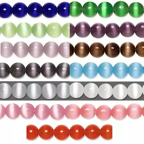 Grade A Fiber Optic Glass Cat's Eye Round Beads 16" Strand Many Sizes & Colors