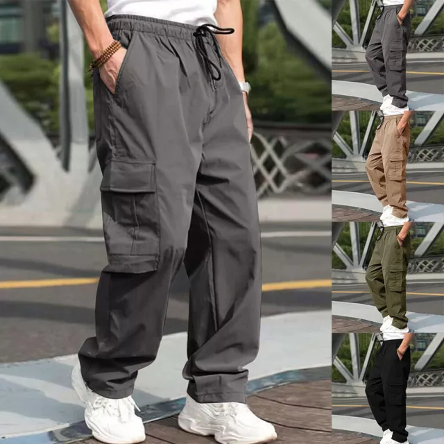 Mens Cargo Pants Joggers Wide Leg Elasticated Waist Combat Work Casual Trousers