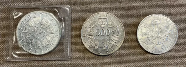 3 Österreich Silber Münzen: 500 Schilling 1980 Steyr und 1986 KSZE 50 ÖS 1959