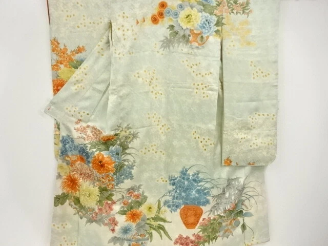 97481# Japanese Kimono / Antique Furisode / Embroidery / Pot & Floral Plants