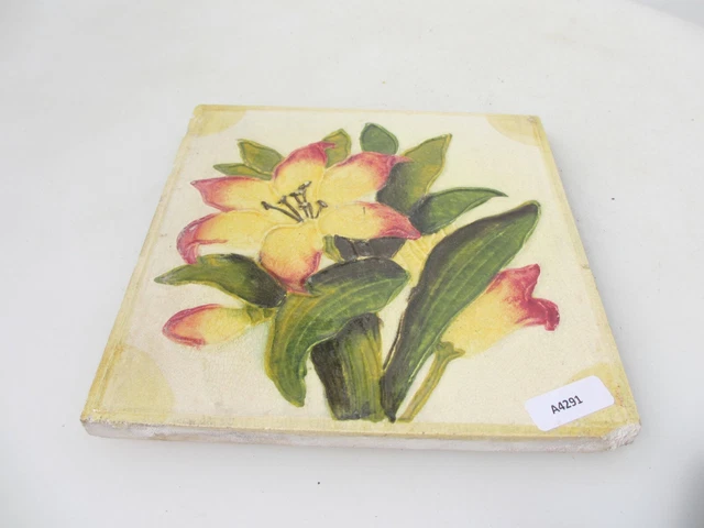Antique Ceramic Tile Vintage Floral Art Nouveau Flowers Old Leaf 2