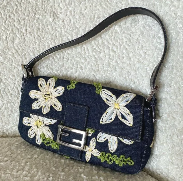 FENDI Mamma Baguette Shoulder Hand Bag Floral Beaded Denim Indigo  2372-26424-008 