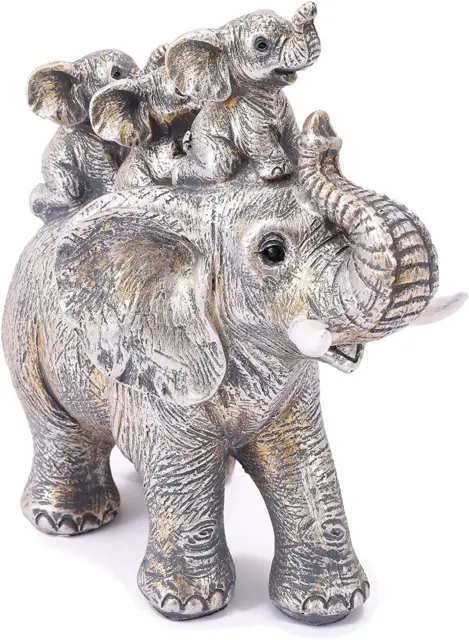 Cute Silver Elephant Statue Good Luck Elephant Carries Three Calves on Its Back