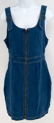 Haute Monde Large L Jean Denim Dress Blue Stretch Zipper Buckle Bodycon