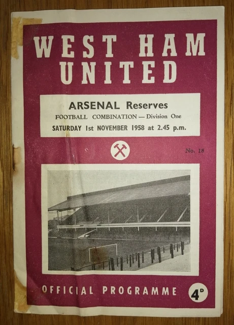 WEST HAM UNITED Programme V Arsenal Reserves 01/11/1958. 1.99