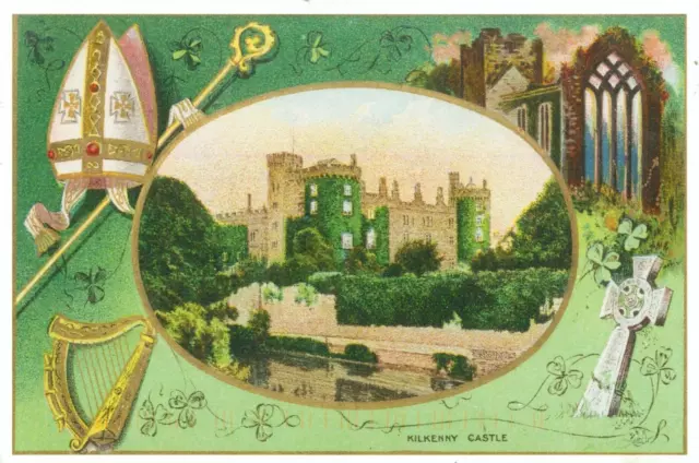 Postcard Kilkenny Castle Ireland St. Patrick's Day   Harp Celtic Cross Church