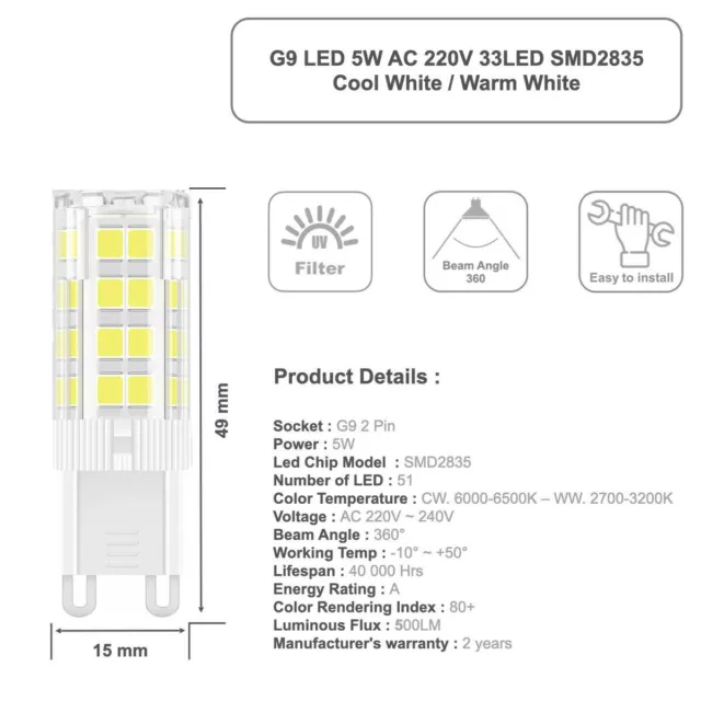 G9 LED 3W 5W Glühbirne KÜHL, WARMWEISS Ersatz für Halogenkapsel Glühbirnen