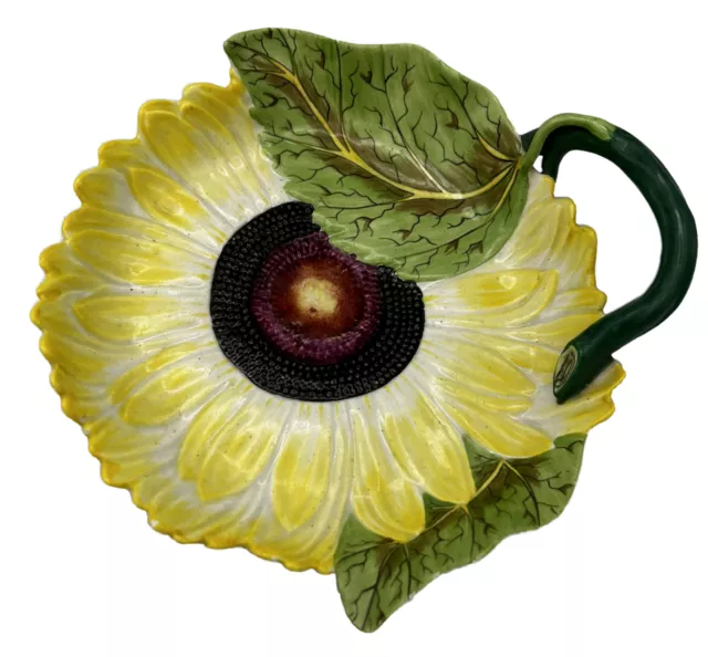 Vtg Sunflower Majolica Pottery Decorative 9” Bowl W Handle Italy