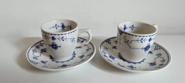 2 X  Furnivals Denmark Blue & White Demitasse Expreso Coffee Cups & Saucers