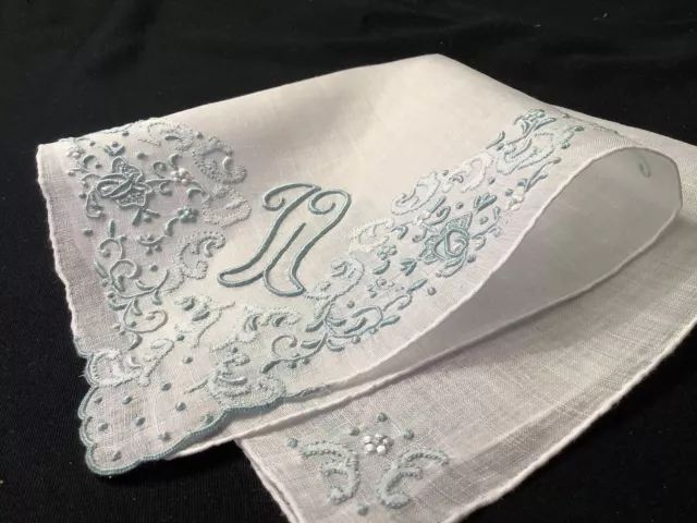 11025🌟MAGNIFICENT Vintage Madeira Bridal BLUE Monogram “W” Wedding Handkerchief