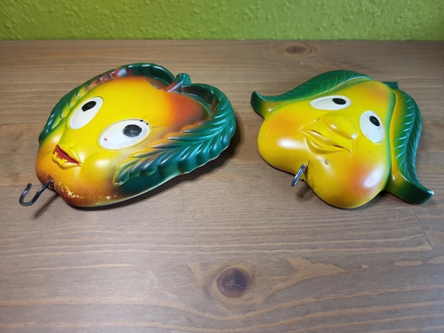 VTG 1970s Miller Studios Anthropomorphic Chalk Ware Apple & Pear Faces w/Hooks 4