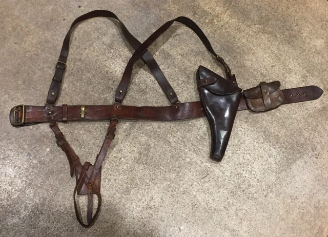 Ceinture Sam Browne Militaire Complète En Cuir Véritable - Édition Armée, Occasion, Avec Sangle Croisée