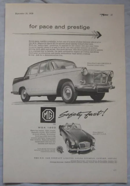 1959 MG Magnette Mk III & MGA Original advert No.1