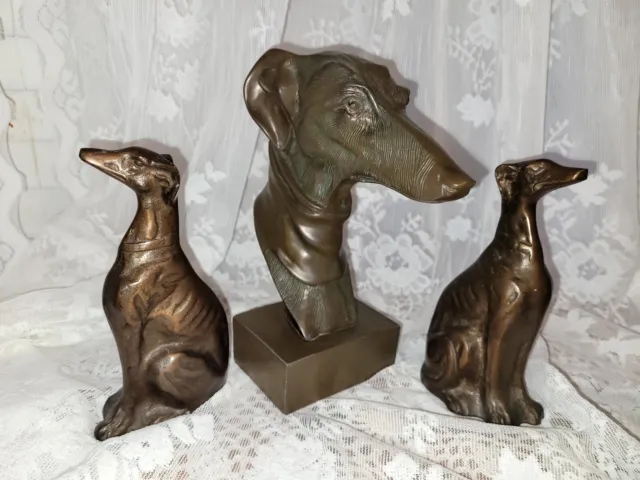3 Vintage Greyhound Whippet Dog Statue Collection MCM Decor Bronze Nice Quality