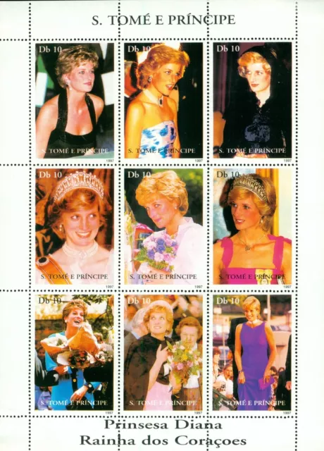 Sao Tome #Mi1744-Mi1752 MNH M/S 1997 Lady Di Diana Queen of Hearts [1308]