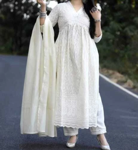 Set Kurta designer indiano Chikankari Palazzo Kurta cucito dritto Kurti Dupatta 2
