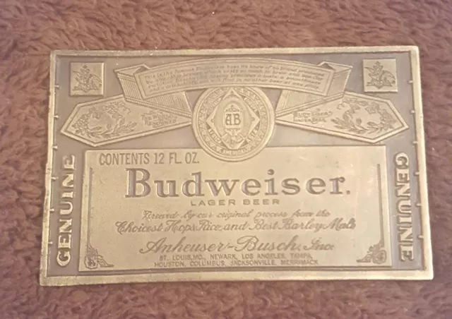 Vintage 1970s Brass Belt Buckle Budweiser King Of Beers 12oz Label 4" Nice A-168