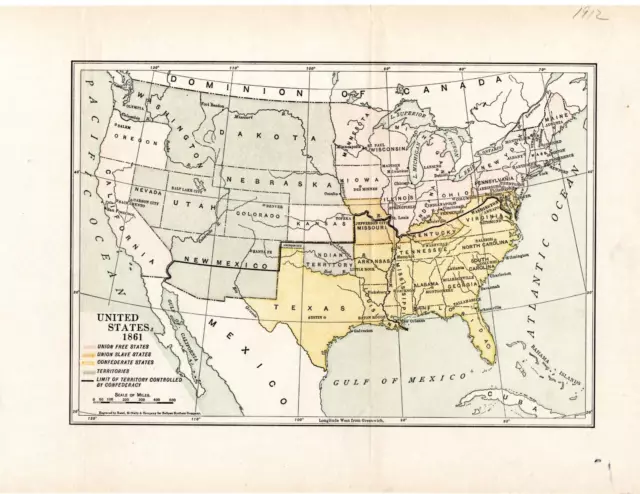 American Slavery - United States 1912 Map of 1861 - Free States; Slave States +